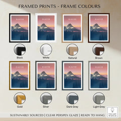Glacier National Park travel poster print in eight different frame color options.