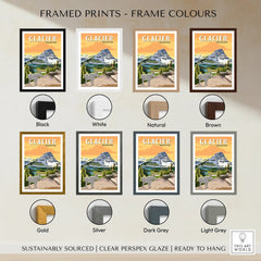 Glacier National Park travel poster in eight frame color options, mountain landscape art print.