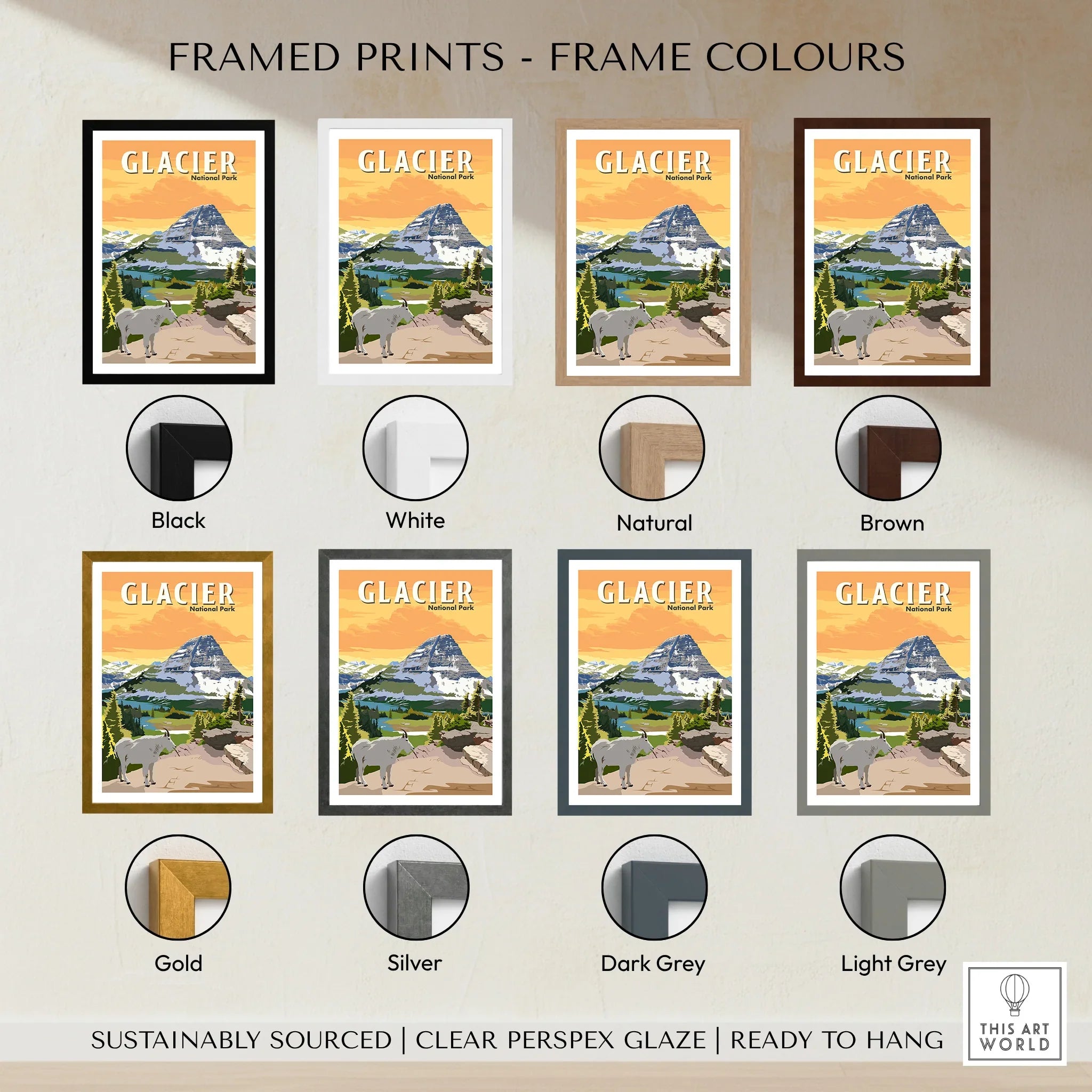 Glacier National Park travel poster in eight frame color options, mountain landscape art print.