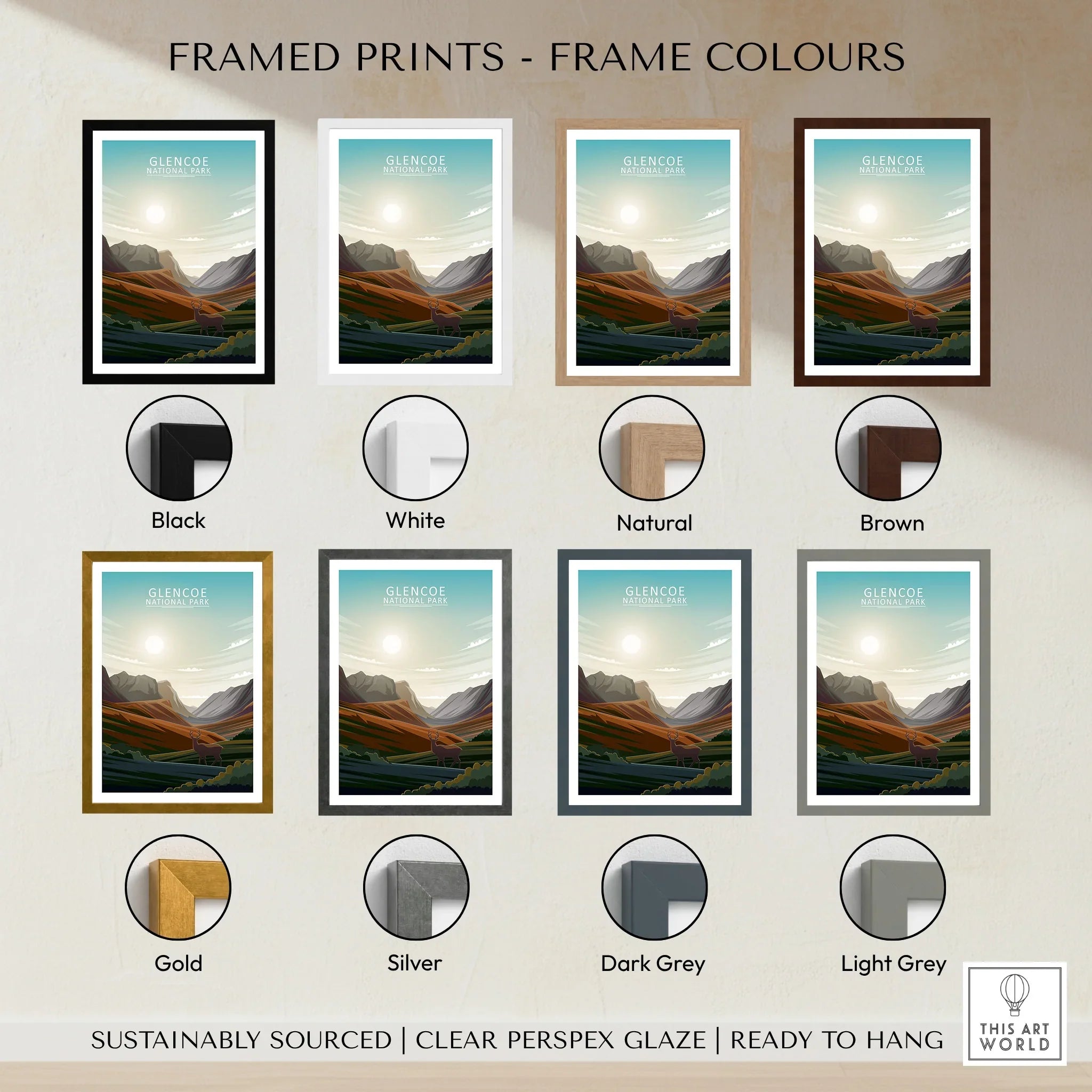 Framed Glencoe National Park art print shown in black, white, natural, brown, gold, silver, dark grey, and light grey frame options.