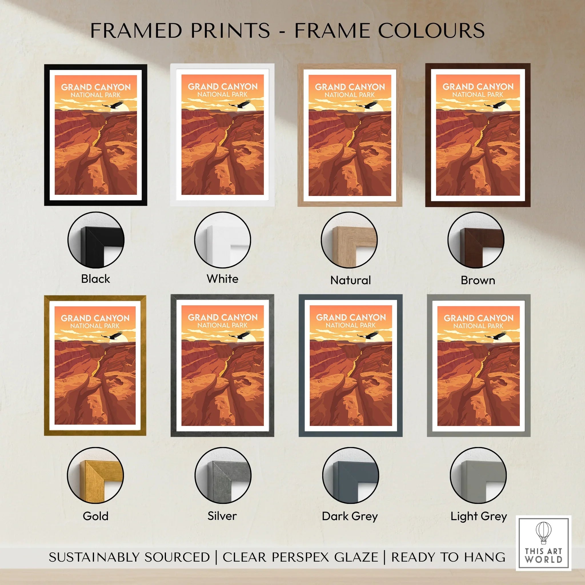 Grand Canyon National Park framed print poster with eight frame color options, including black, white, natural, brown, gold, silver, dark grey, and light grey.