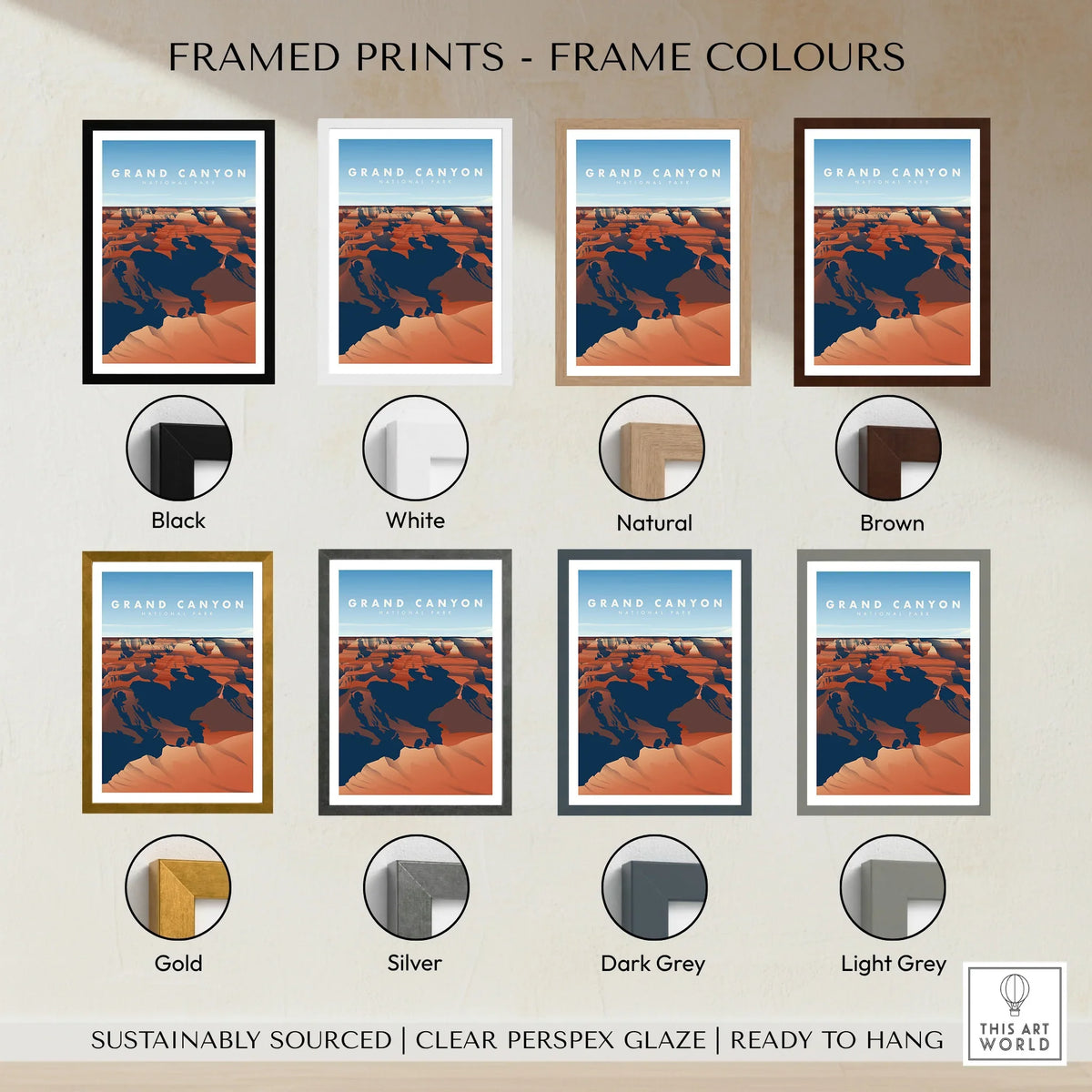 Grand Canyon art print with eight frame color options including black, white, natural, brown, gold, silver, dark grey, and light grey.