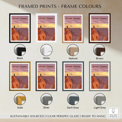 Grand Canyon National Park framed print with various frame color options including black, white, natural, brown, gold, silver, dark grey, and light grey.