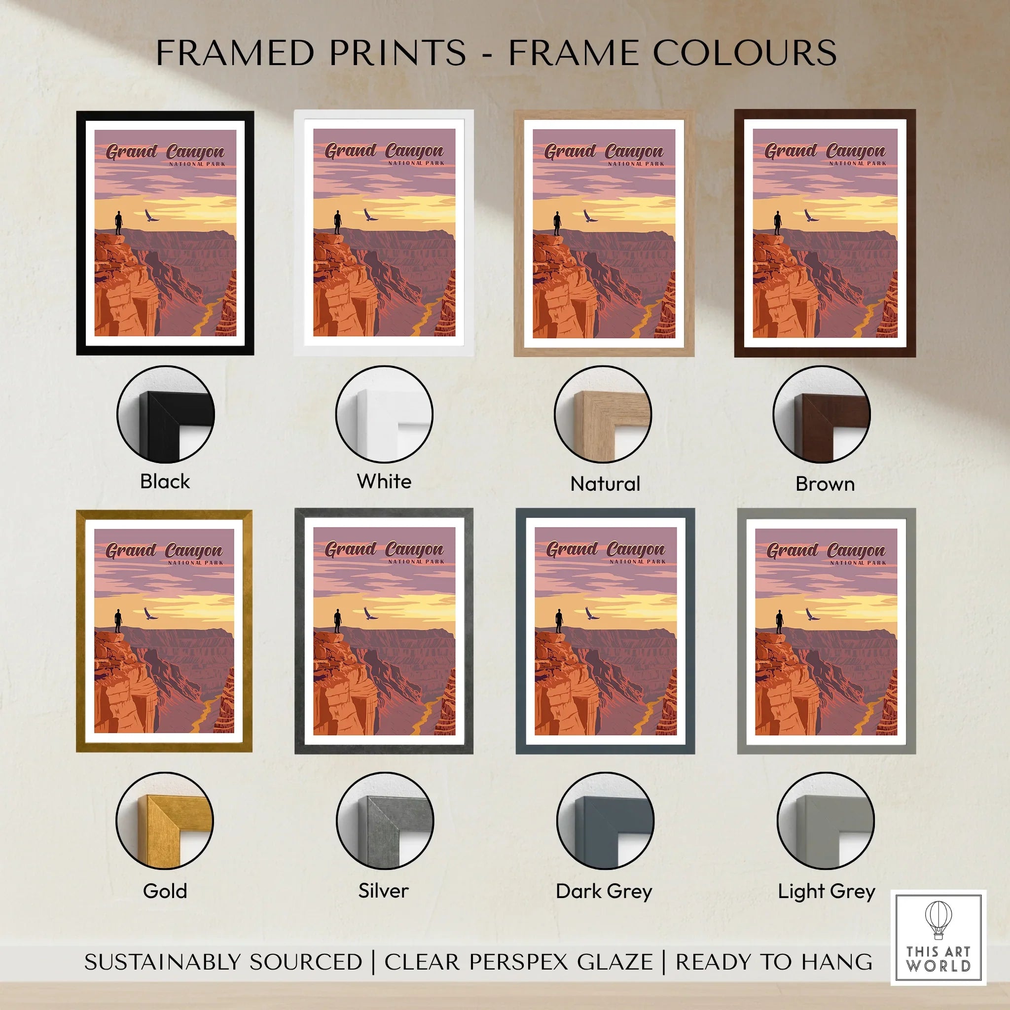 Grand Canyon National Park framed print with various frame color options including black, white, natural, brown, gold, silver, dark grey, and light grey.