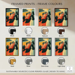Vintage race car art print in eight different frame color options, including black, white, natural, brown, gold, silver, dark grey, and light grey.