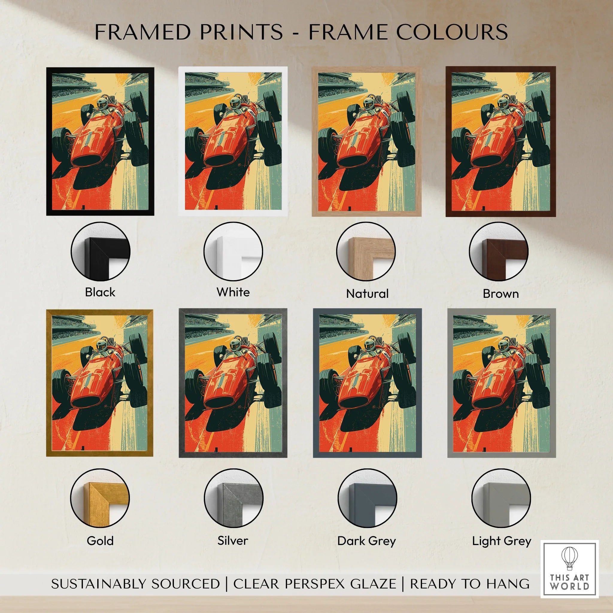 Vintage race car art print in eight different frame color options, including black, white, natural, brown, gold, silver, dark grey, and light grey.