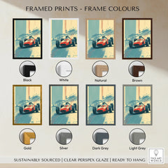 Grand Prix racing car art print with eight different frame color options