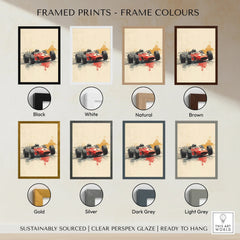 Motorsport art print featuring a vintage red race car, displayed in eight frame color options.