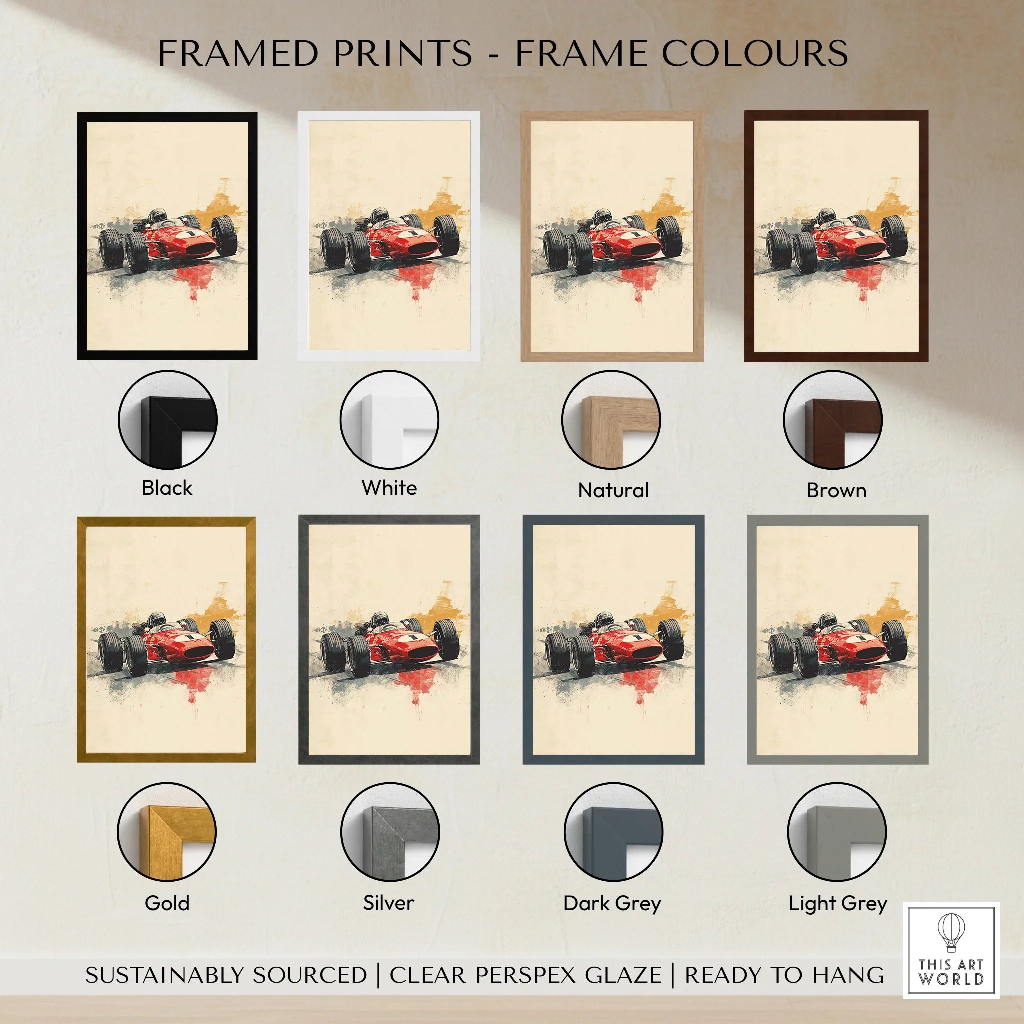 Motorsport art print featuring a vintage red race car, displayed in eight frame color options.