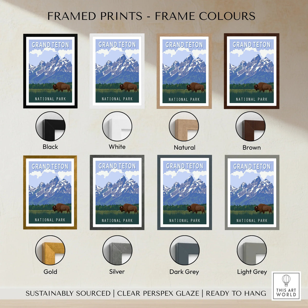 Grand Teton National Park framed print with bison, shown in eight frame colour options