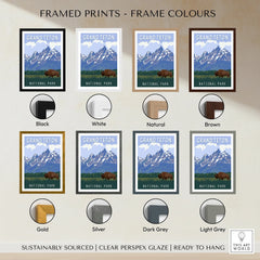 Grand Teton National Park framed print with bison, shown in eight frame colour options