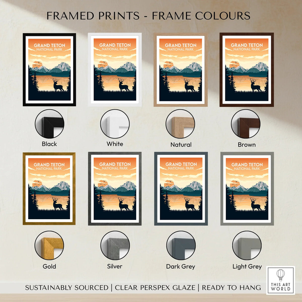 Grand Teton National Park print with deer silhouette, offered in eight frame color options