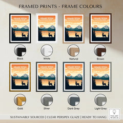 Grand Teton National Park print with deer silhouette, offered in eight frame color options