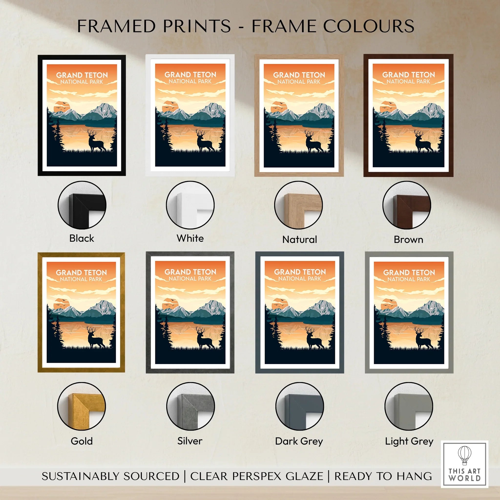 Grand Teton National Park print with deer silhouette, offered in eight frame color options