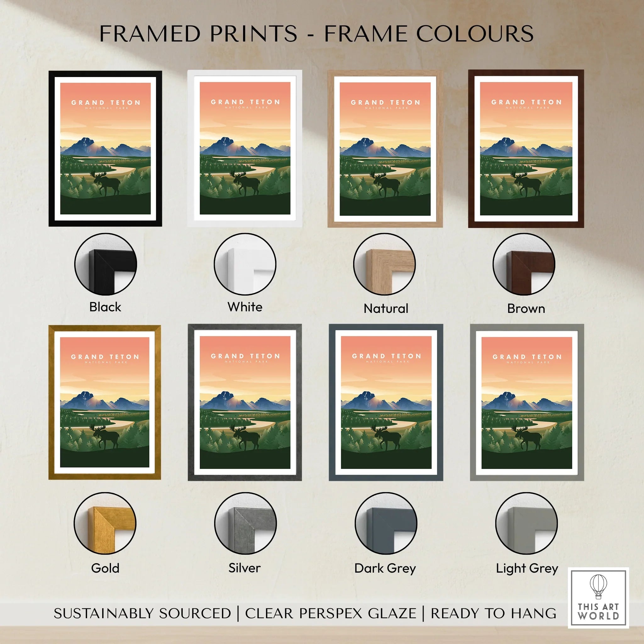 Grand Teton National Park framed wall art print with moose, available in eight frame colors.