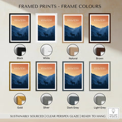 Great Smoky Mountains framed travel poster print shown in eight frame color options