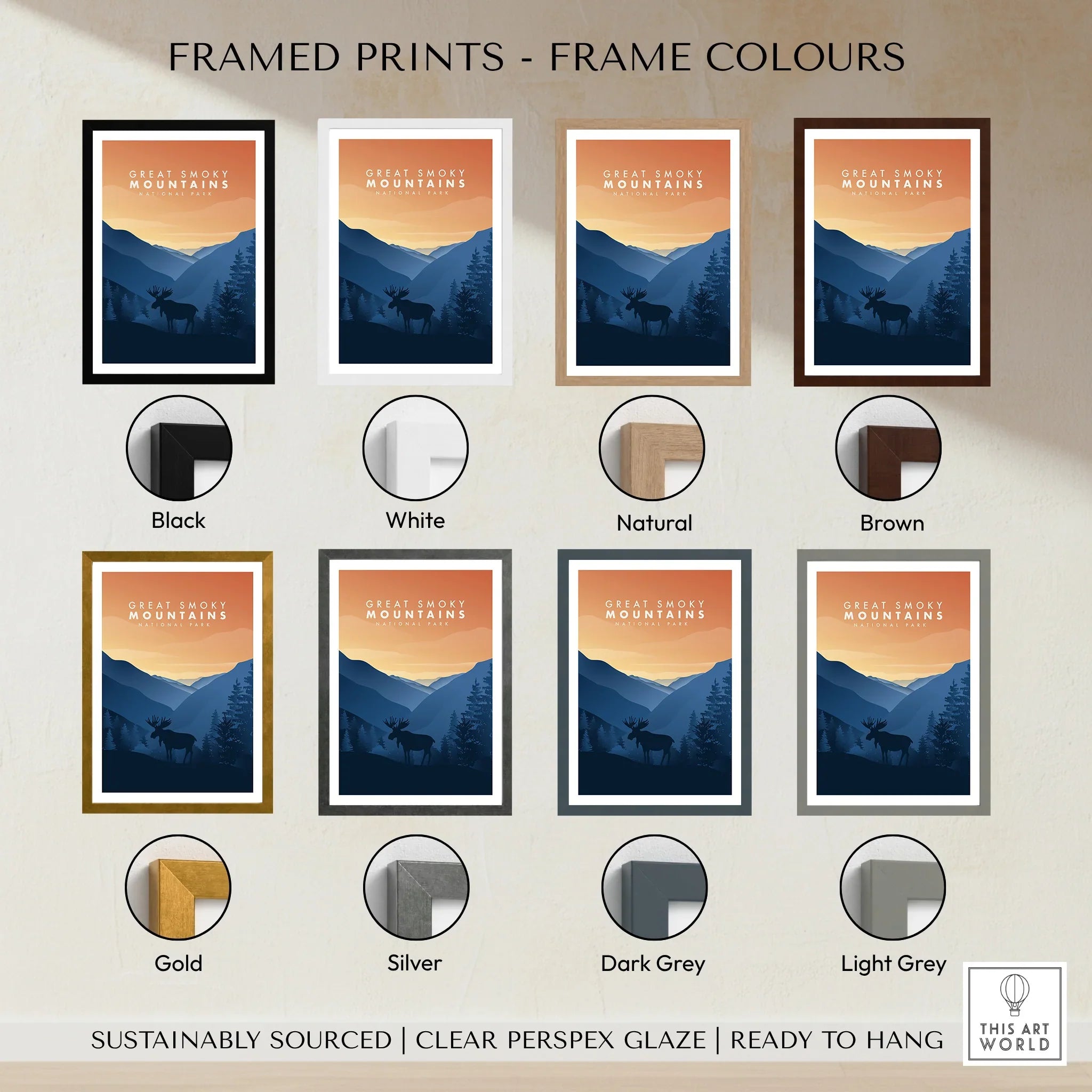 Great Smoky Mountains framed travel poster print shown in eight frame color options