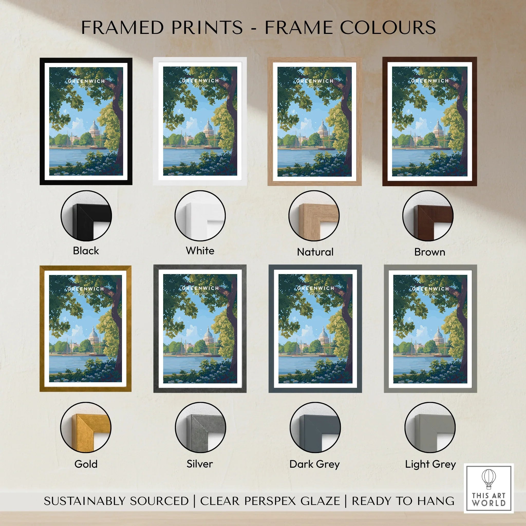 Greenwich travel poster art in eight frame color options including black, white, natural, brown, gold, silver, dark grey, and light grey.