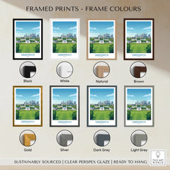Greenwich travel poster print with eight frame color options, including black, white, natural, brown, gold, silver, dark grey, and light grey.