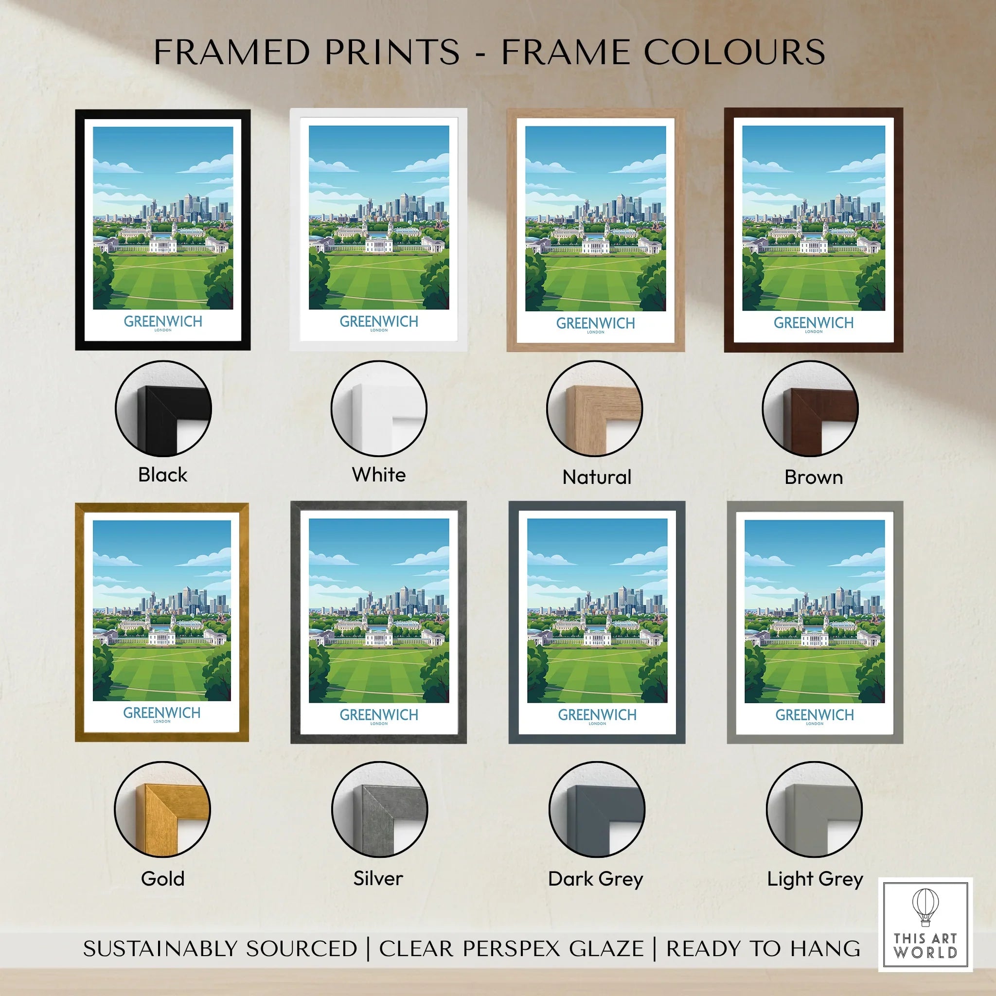 Greenwich travel poster print with eight frame color options, including black, white, natural, brown, gold, silver, dark grey, and light grey.