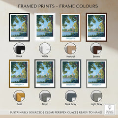 Greenwich travel poster art print with eight frame color options including black, white, gold, and grey.