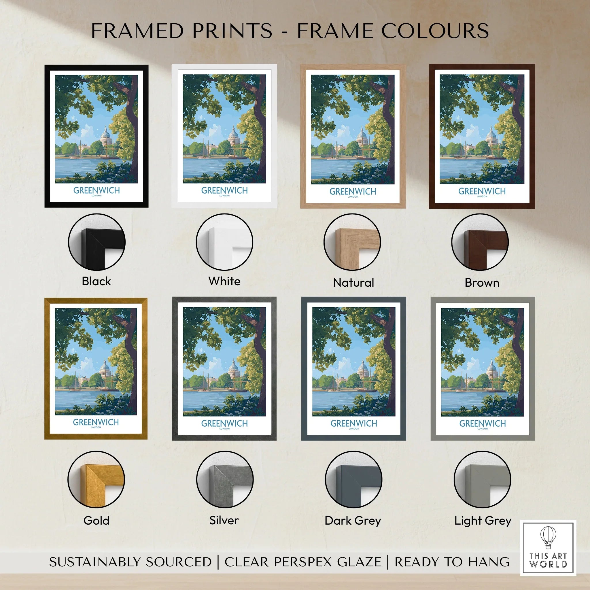 Greenwich travel poster art print with eight frame color options including black, white, gold, and grey.