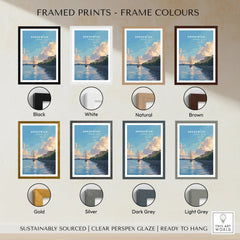 Greenwich travel poster framed art print with eight frame color options, including black, white, natural, brown, gold, silver, dark grey, and light grey.