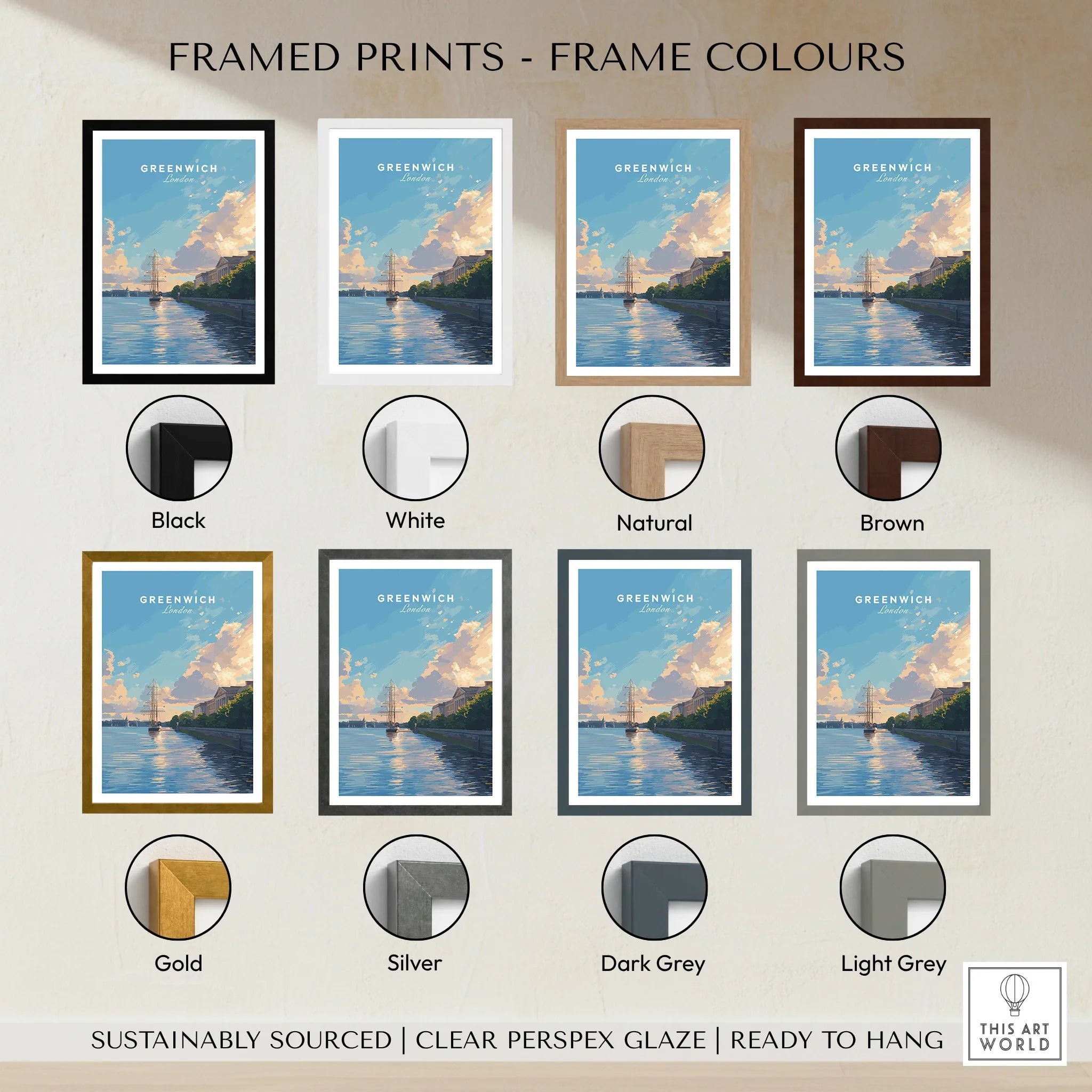 Greenwich travel poster framed art print with eight frame color options, including black, white, natural, brown, gold, silver, dark grey, and light grey.