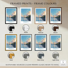 Greenwich travel art print in eight frame color options: black, white, natural, brown, gold, silver, dark grey, and light grey.