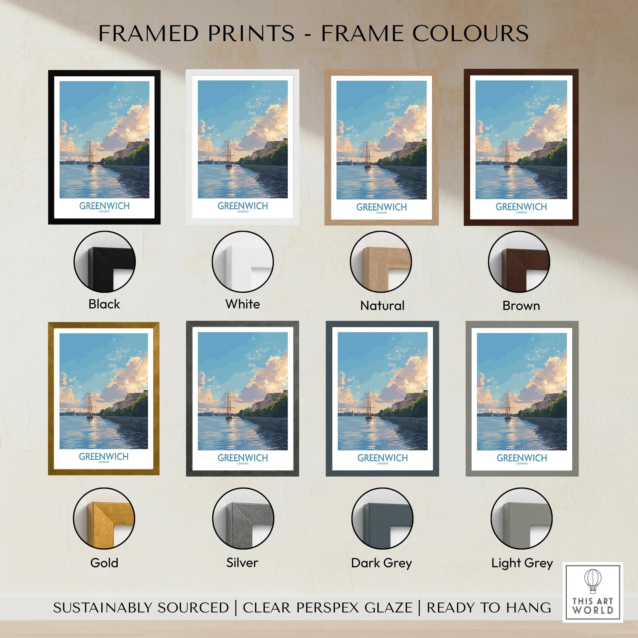 Greenwich travel art print in eight frame color options: black, white, natural, brown, gold, silver, dark grey, and light grey.