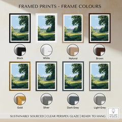 Greenwich travel poster print in eight frame color options: black, white, natural, brown, gold, silver, dark grey, and light grey.