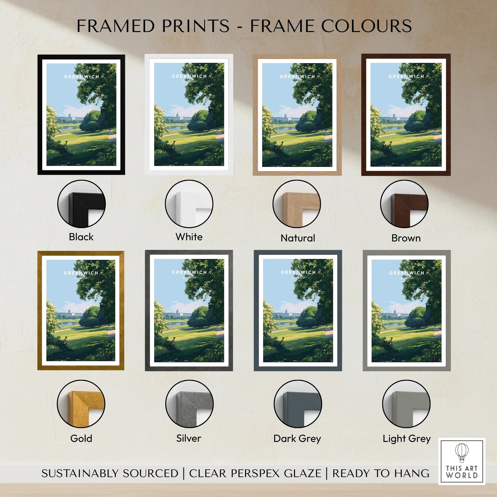 Greenwich travel poster print in eight frame color options: black, white, natural, brown, gold, silver, dark grey, and light grey.
