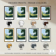 Greenwich travel poster art print displayed in 7 frame colour options: black, white, natural, brown, gold, silver, dark grey, and light grey.