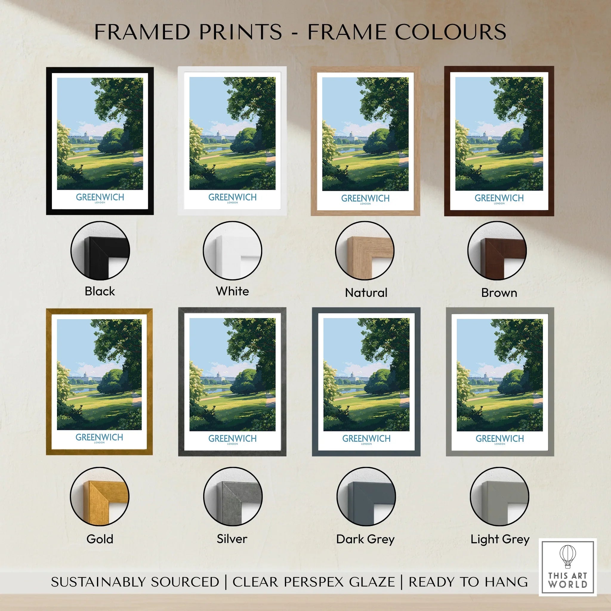 Greenwich travel poster art print displayed in 7 frame colour options: black, white, natural, brown, gold, silver, dark grey, and light grey.