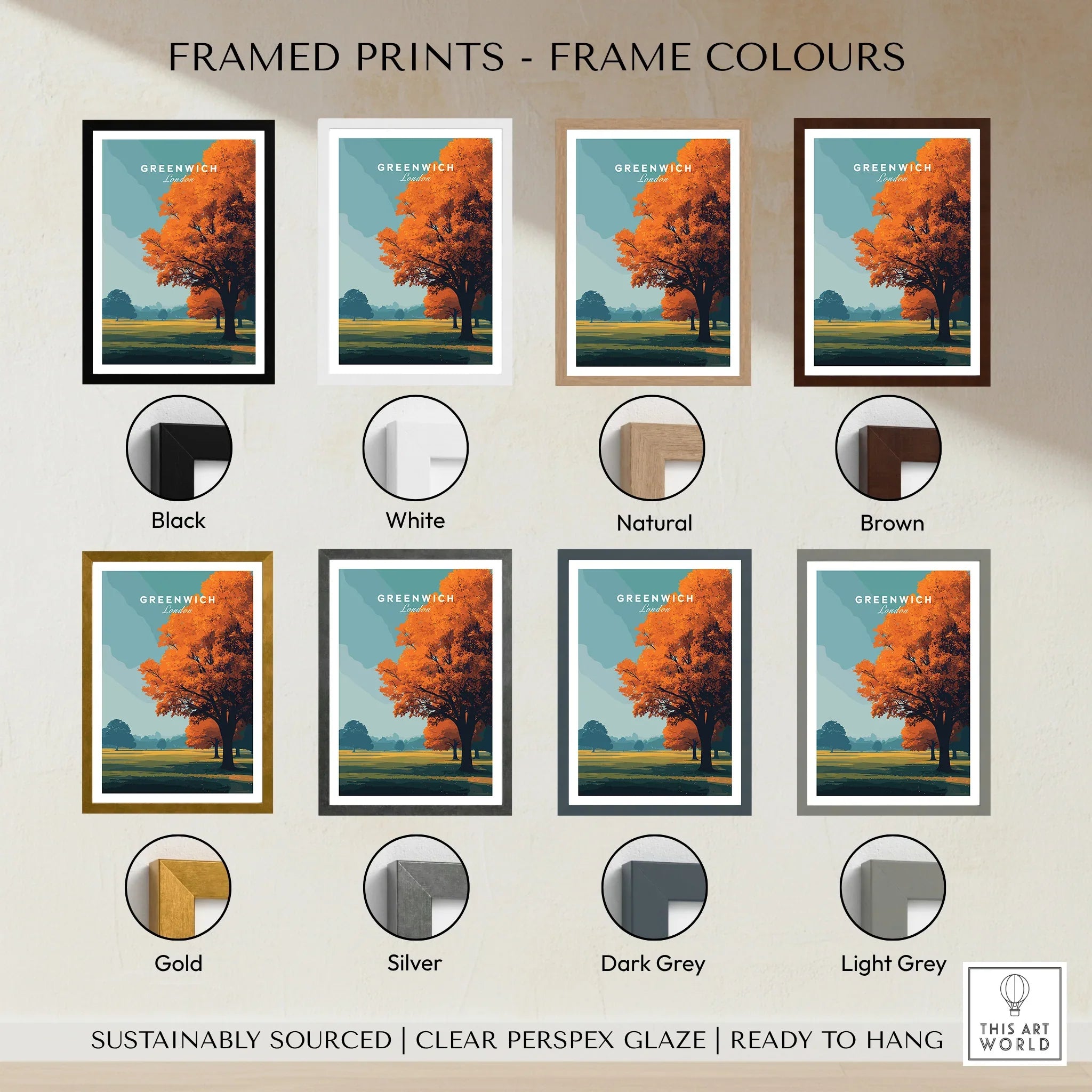 Greenwich travel art print with autumn tree shown in eight frame color options, including black, white, natural, brown, gold, silver, dark grey, and light grey.