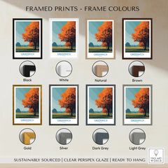 Greenwich travel art print framed in eight color options, including black, white, natural, brown, gold, silver, dark grey, and light grey frames.