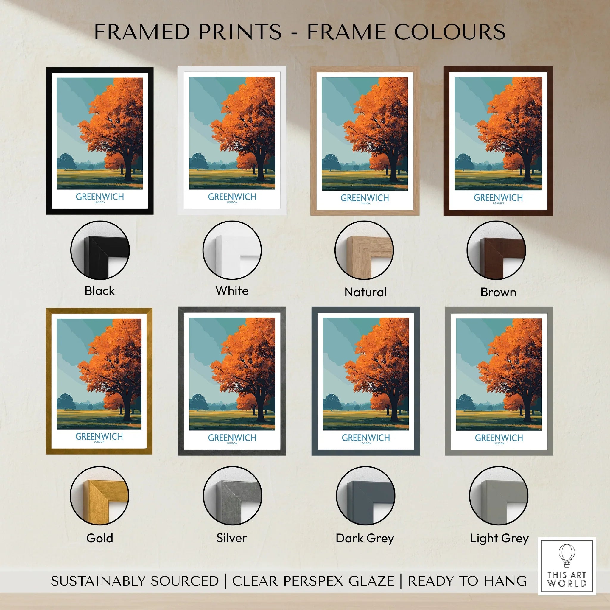 Greenwich travel art print framed in eight color options, including black, white, natural, brown, gold, silver, dark grey, and light grey frames.