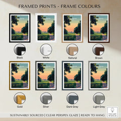 Greenwich travel poster framed art print shown in eight frame color options: black, white, natural, brown, gold, silver, dark grey, and light grey.