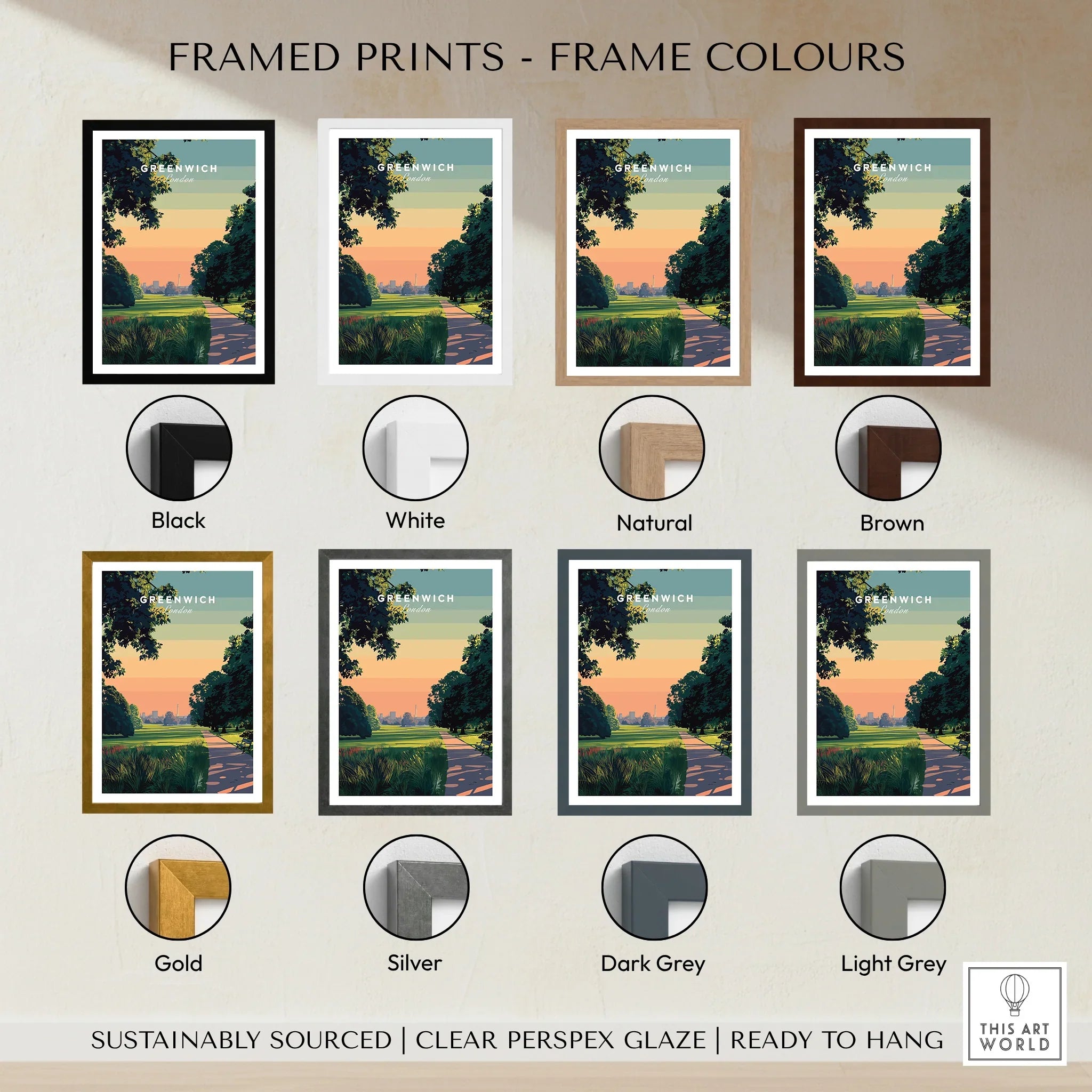 Greenwich travel poster framed art print shown in eight frame color options: black, white, natural, brown, gold, silver, dark grey, and light grey.