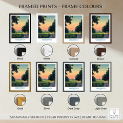 Greenwich travel poster wall art in eight frame colors: black, white, natural, brown, gold, silver, dark grey, light grey.