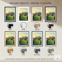 Greenwich city art print with eight frame color options including black, white, natural, brown, gold, silver, dark grey, and light grey.
