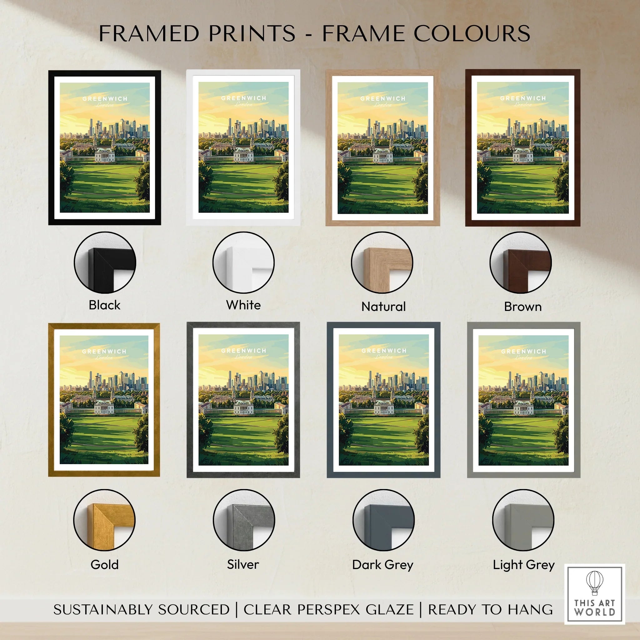 Greenwich city art print with eight frame color options including black, white, natural, brown, gold, silver, dark grey, and light grey.