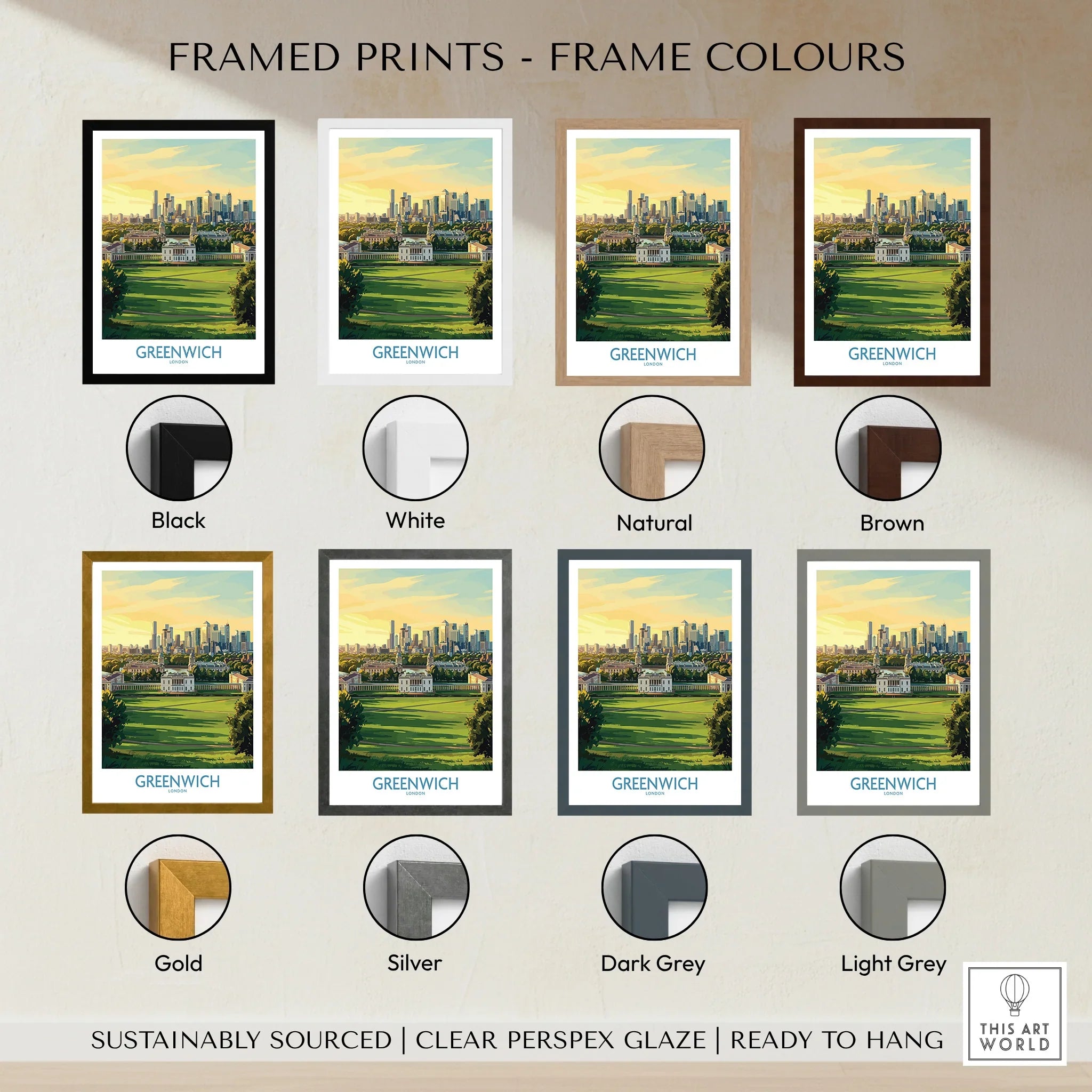 Greenwich city skyline art print with eight frame colour options, ideal wall decor
