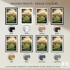 Greenwich cityscape art print in eight frame color options: black, white, natural, brown, gold, silver, dark grey, and light grey.