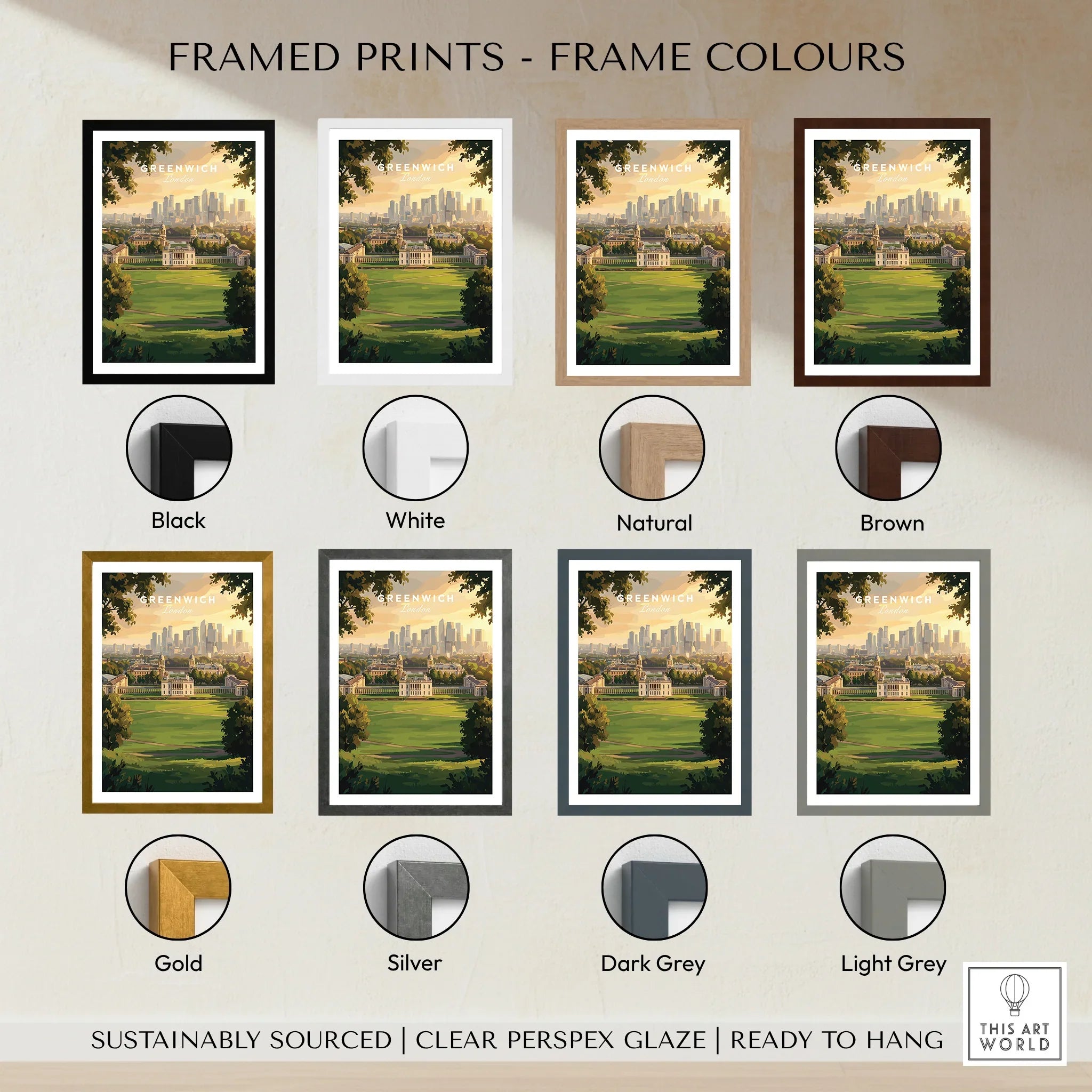 Greenwich cityscape art print in eight frame color options: black, white, natural, brown, gold, silver, dark grey, and light grey.