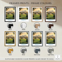 Greenwich cityscape travel print with eight frame colour options including black, white, natural, brown, gold, silver, dark grey, and light grey.