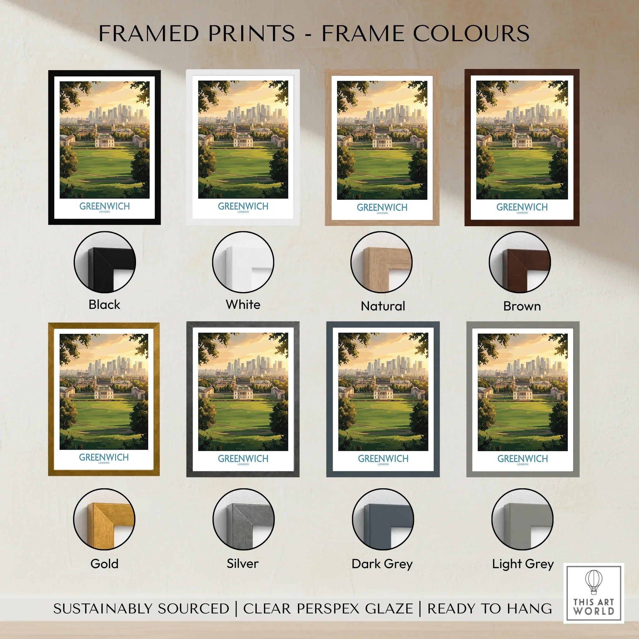 Greenwich cityscape travel print with eight frame colour options including black, white, natural, brown, gold, silver, dark grey, and light grey.