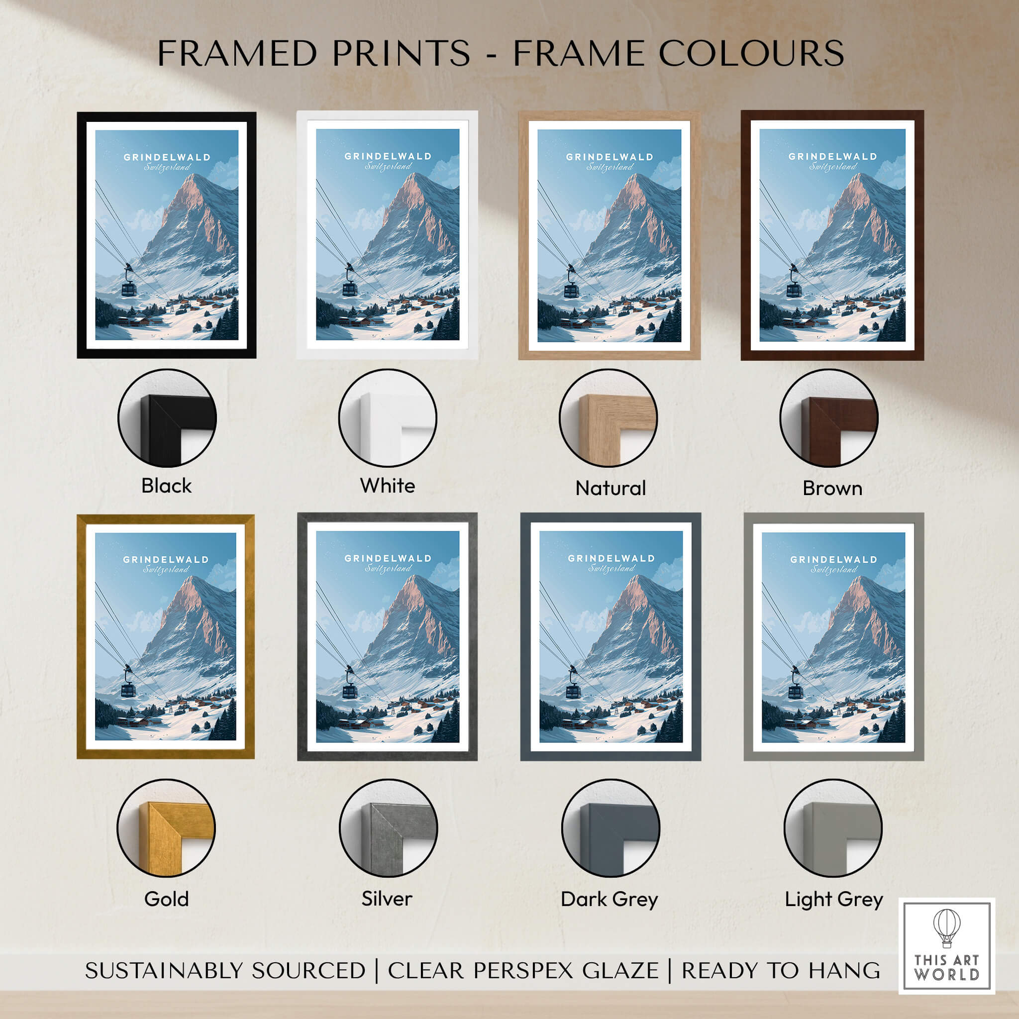 Grindelwald Switzerland Wall Art Print | Alpine Cable Car Travel Posters in various frame colors including black, white, and natural.