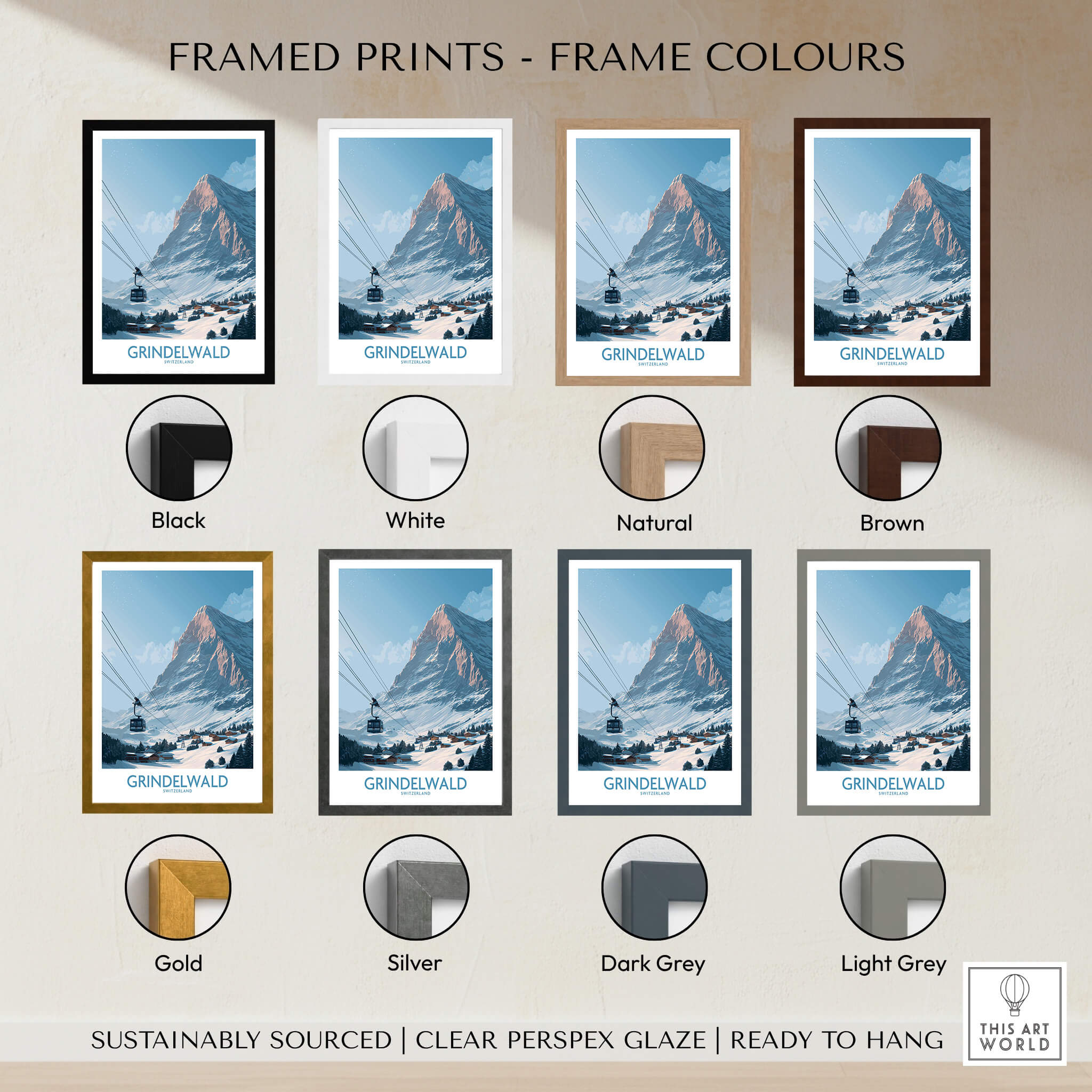 Grindelwald Switzerland Poster | Snowy Alps Mountain Scene Canvas Print framed in various colors