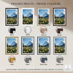 Grindelwald Switzerland Travel Poster | Alpine Wildflower Meadow Wall Art Print framed in various colors options.
